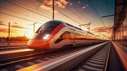 Modern high-speed train on the railroad at sunset. Shallow depth of field