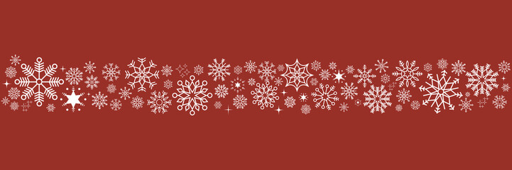 Winter and Christmas background with snowflakes. White and red seamless snowflake border. Christmas background for greeting card. New year and Christmas greeting card. Vector illustration.