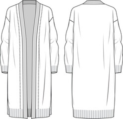Women's Hole Detail Long Line Cardigan. Technical fashion illustration. Front and back, white color. Women's CAD mock-up. - obrazy, fototapety, plakaty