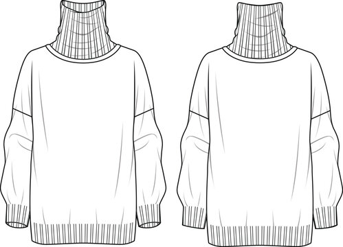 Women's High Neck, Drop Shoulder Jumper. Technical fashion illustration. Front and back, white color. Women's CAD mock-up.