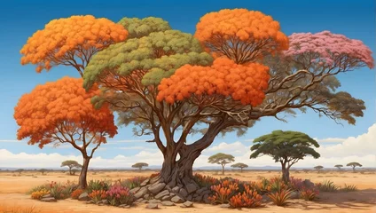 Fototapeten African landscape in a drawing with colorful leaves of baobab trees © Hanna Ohnivenko