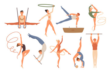 Athletic gymnastics. Acrobatic characters. Different sport types. Male and female athletes. Sportsman at bars. Women with hoops and ribbons. Artistic and rhythmic. Garish vector set - obrazy, fototapety, plakaty