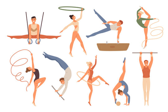 Athletic gymnastics. Acrobatic characters. Different sport types. Male and female athletes. Sportsman at bars. Women with hoops and ribbons. Artistic and rhythmic. Garish vector set
