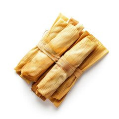 Tamales Wrapped in Corn Husk Christmas or New Year Dish Top View Isolated on White Background 