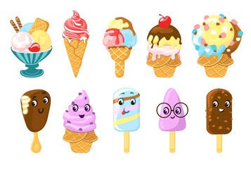 Ice cream with cute faces. Kawaii sweets. Smiling summer desserts. Tasty gelatos. Waffle cones, cups or sticks. Chocolate topping. Refreshing snacks. Cartoon characters. Splendid vector set