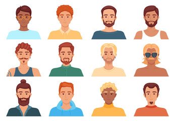 Male avatars with different hairstyles. Men portraits. Short and long haircuts. Human head. Blondes, brown haired and brunettes. Barbershop models. Beards and mustaches. Recent vector set - obrazy, fototapety, plakaty