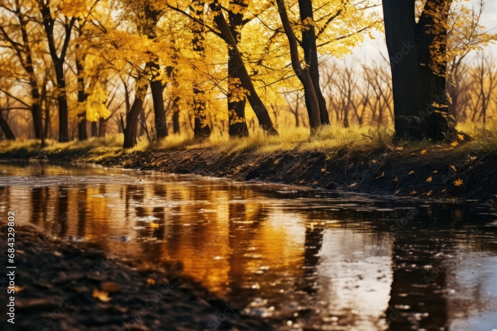 Poster a serene image of a stream running through a lush forest. perfect for nature enthusiasts and those s