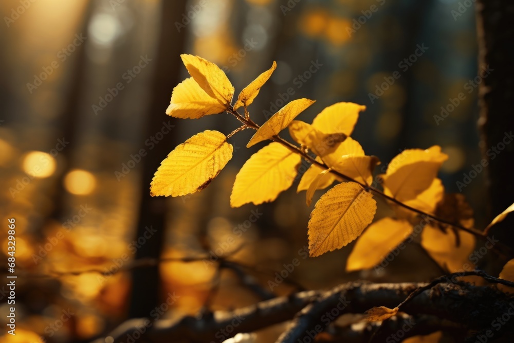 Poster a detailed view of a leaf on a tree branch. this image can be used to showcase the intricate details