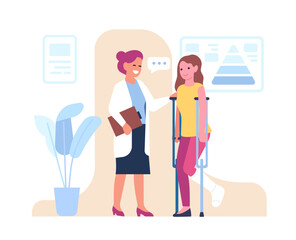 Woman doctor consoling girl on crutches with cast on leg. Patients treatment. Physicians appointment. Clinic consultation. Medical specialists. Injured foot examination. Vector concept