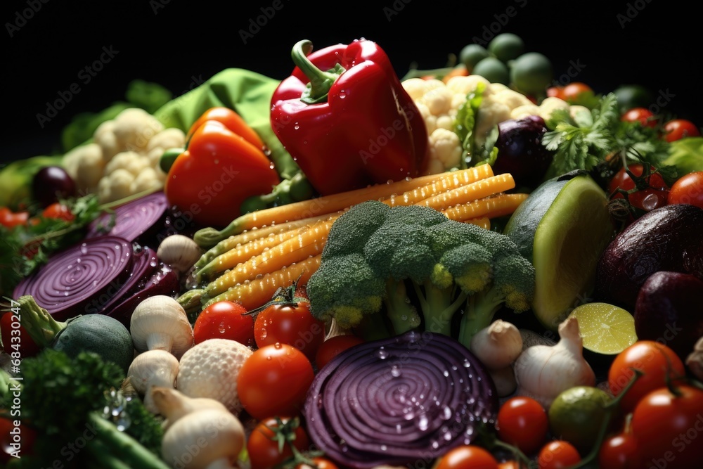 Poster a variety of colorful vegetables and fruits are neatly arranged on a table. this image can be used t