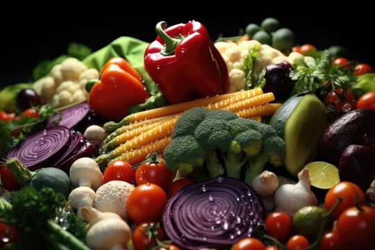 A variety of colorful vegetables and fruits are neatly arranged on a table. This image can be used to depict a healthy lifestyle, cooking, nutrition, meal planning, or grocery shopping.