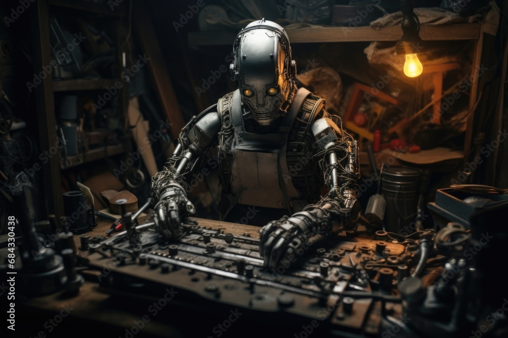 Poster a robot is seen sitting at a desk, with a keyboard in front of it. this image can be used to represe