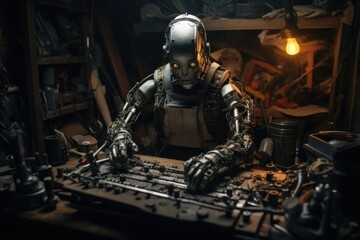 Naklejka premium A robot is seen sitting at a desk, with a keyboard in front of it. This image can be used to represent technology, artificial intelligence, or a futuristic workspace.