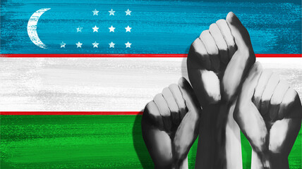 Multiple clenched fists against Uzbekistan flag.Protest in Uzbekistan.Protest for Uzbekistan © Rumana