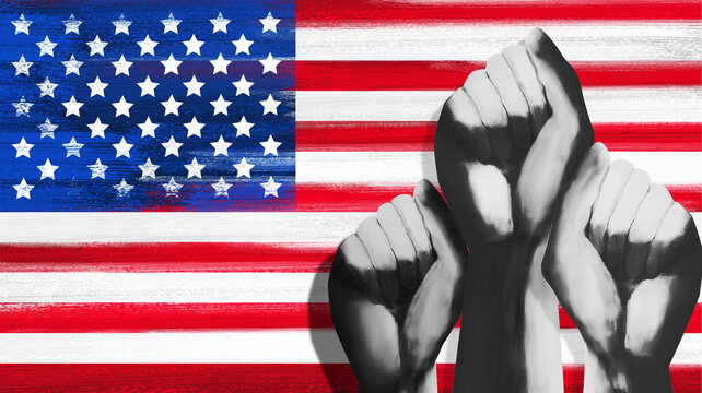 Multiple clenched fists against USA flag.Protest in America.Protest for United States