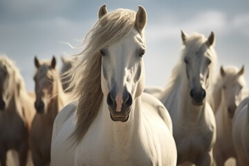 A captivating image of a herd of white horses standing closely together. Perfect for nature or animal-related projects.