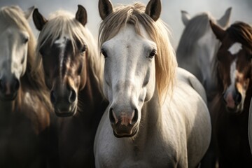 A group of horses standing together. This image can be used to depict a sense of unity, teamwork, or a gathering of animals in a natural setting.
