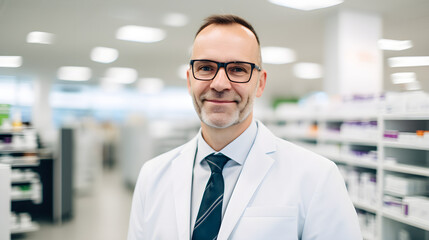 Obraz premium Pharmacist in a bright light white pharmacy