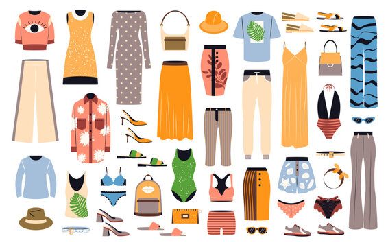 Big set of fashion clothing and accessories for summer. Female apparel, dresses, pants, shoes, lingerie, hats, bags, swimwear in casual style. Flat vector illustrations isolated on white background.