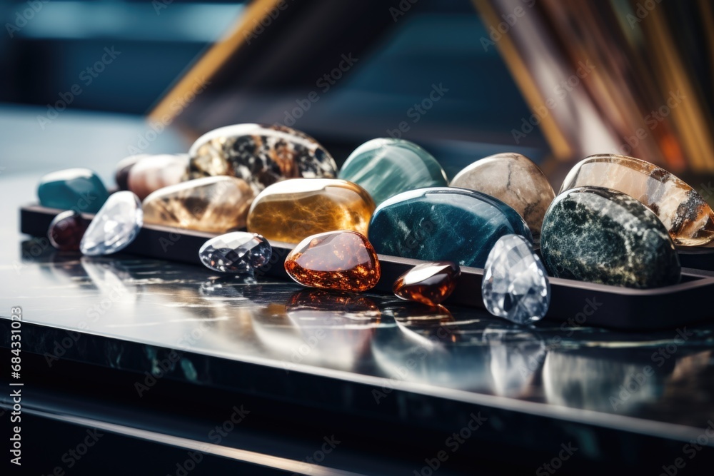 Poster a table adorned with a variety of vibrant colored stones. perfect for adding a pop of color to any s