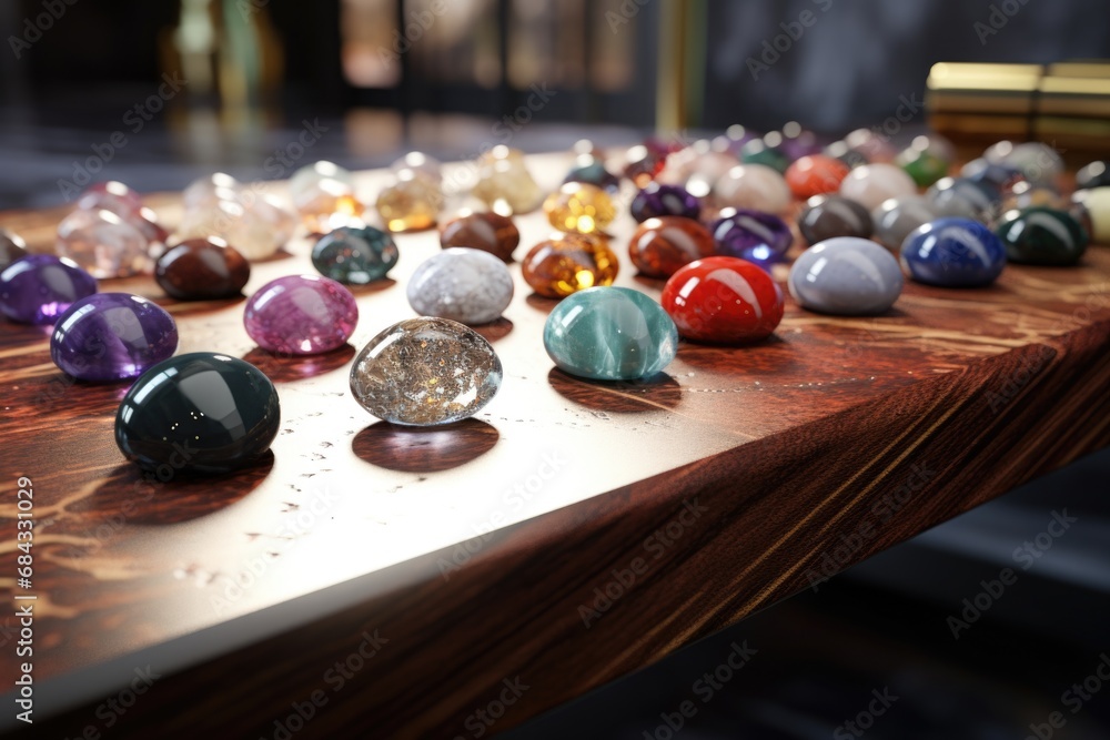 Poster a table adorned with an array of vibrant, multi-colored stones. perfect for adding a touch of color 