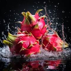 dragon fruit for splashing water, isolated on a black background, generative ai 