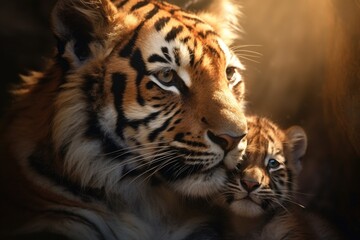 Fototapeta premium A mother tiger and her cub basking in the sunlight. This image can be used to depict the bond between a mother and child or to represent the beauty and power of nature.