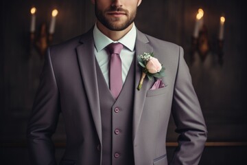 A professional man wearing a suit and tie with a flower in his lapel. This image can be used to convey elegance, style, and professionalism.