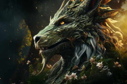 Portrait of a green tree dragon with yellow eyes with flowers against a background of wood and gentle lighting. New Year symbol