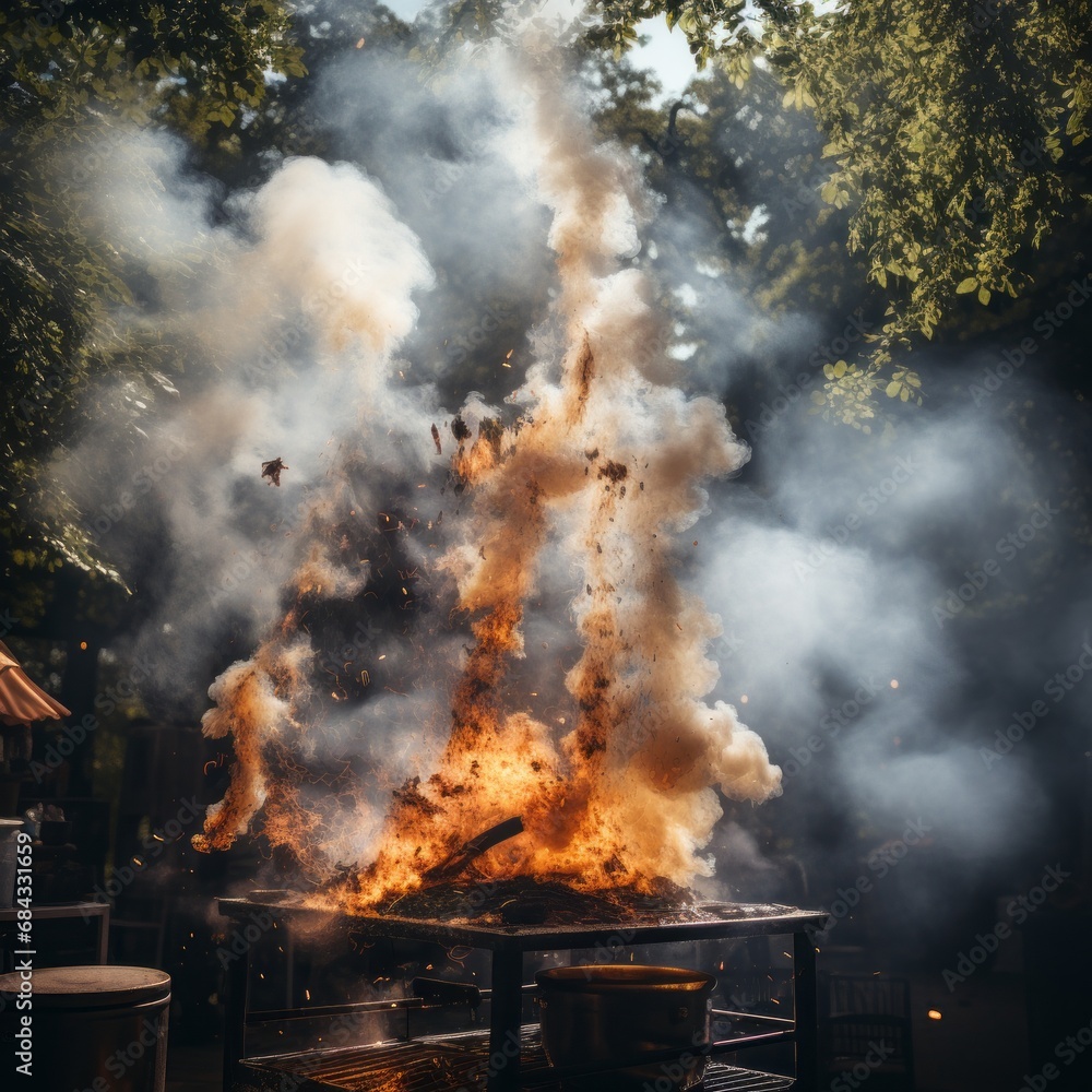 Poster an exploding barbecue with smoke and fire, generative ai