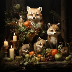 Rustic Woodland Christmas Oil painting of animals in a forest, generative ai 