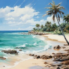watercolor image of beach with palm trees in a warm island, generative ai 