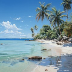 tropical beach with palm trees and coconut tree, clear blue sea, generative ai