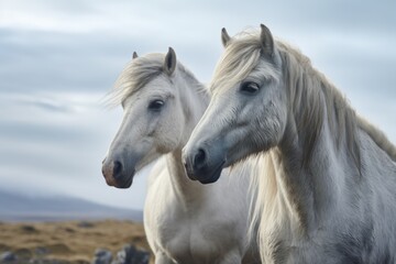 Two white horses standing next to each other. Ideal for equestrian-related projects or showcasing the beauty of horses.