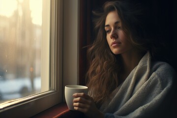 A woman is seen sitting by a window, holding a cup of coffee. This image can be used to portray relaxation, enjoying a warm drink, or for illustrating a cozy home setting.