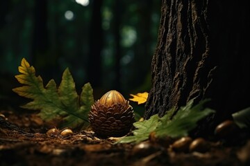 A pine cone sitting on the ground next to a tree. This image can be used for nature-themed designs or to represent the changing seasons. - Powered by Adobe