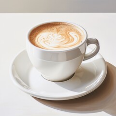 freshly made cup of cappuccino, in a plain white cup and saucer, generative ai 