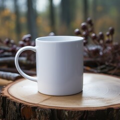 blank white mug mock up of coffee resting in nature, resting on the  sawn-off tree stump,