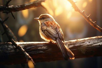 A small bird perched on a tree branch. This image can be used to depict nature, wildlife, birds, or tranquility. - obrazy, fototapety, plakaty