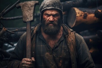 Obraz premium A man with a beard holding a large axe. This image can be used to depict strength, danger, or a person in a rural or outdoor setting.