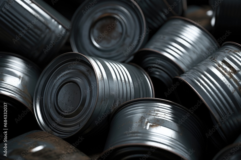 Poster a detailed view of a collection of tin cans. this versatile image can be used in various contexts.