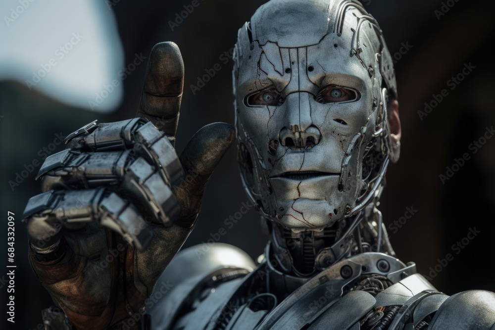 Poster a close-up view of a person wearing a robot suit. this image can be used to depict futuristic techno