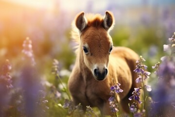 A small brown horse standing in a field of beautiful purple flowers. Perfect for nature or...