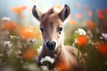 A beautiful baby horse standing in a field of colorful flowers. Perfect for nature and animal lovers.