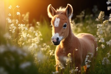 A small horse standing gracefully in a field of colorful flowers. Perfect for nature lovers or animal enthusiasts.