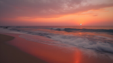 Fototapeta na wymiar Crimson Tide: Vibrant Sunset Over the Ocean WavesAI generativ