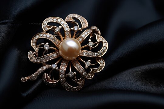 A stunning brooch featuring pearls and diamonds, placed on a black cloth.