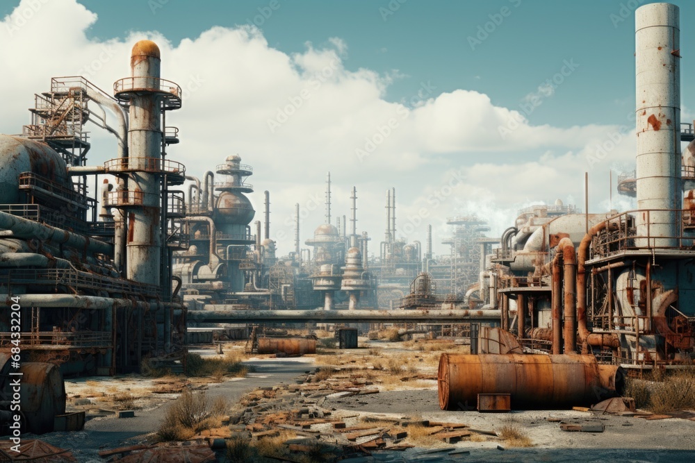 Poster a picture showcasing a large industrial area with numerous rusty pipes. this image can be used to re