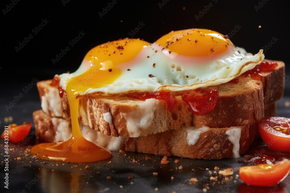 Poster a piece of toast topped with two perfectly cooked eggs. this versatile image can be used to depict a