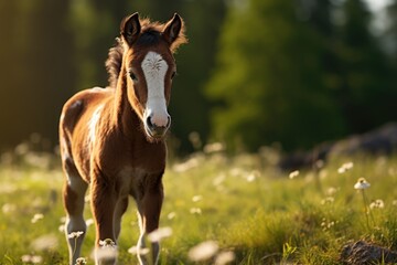 Fototapeta premium A brown and white horse standing in a field of grass. Suitable for various themes and uses.